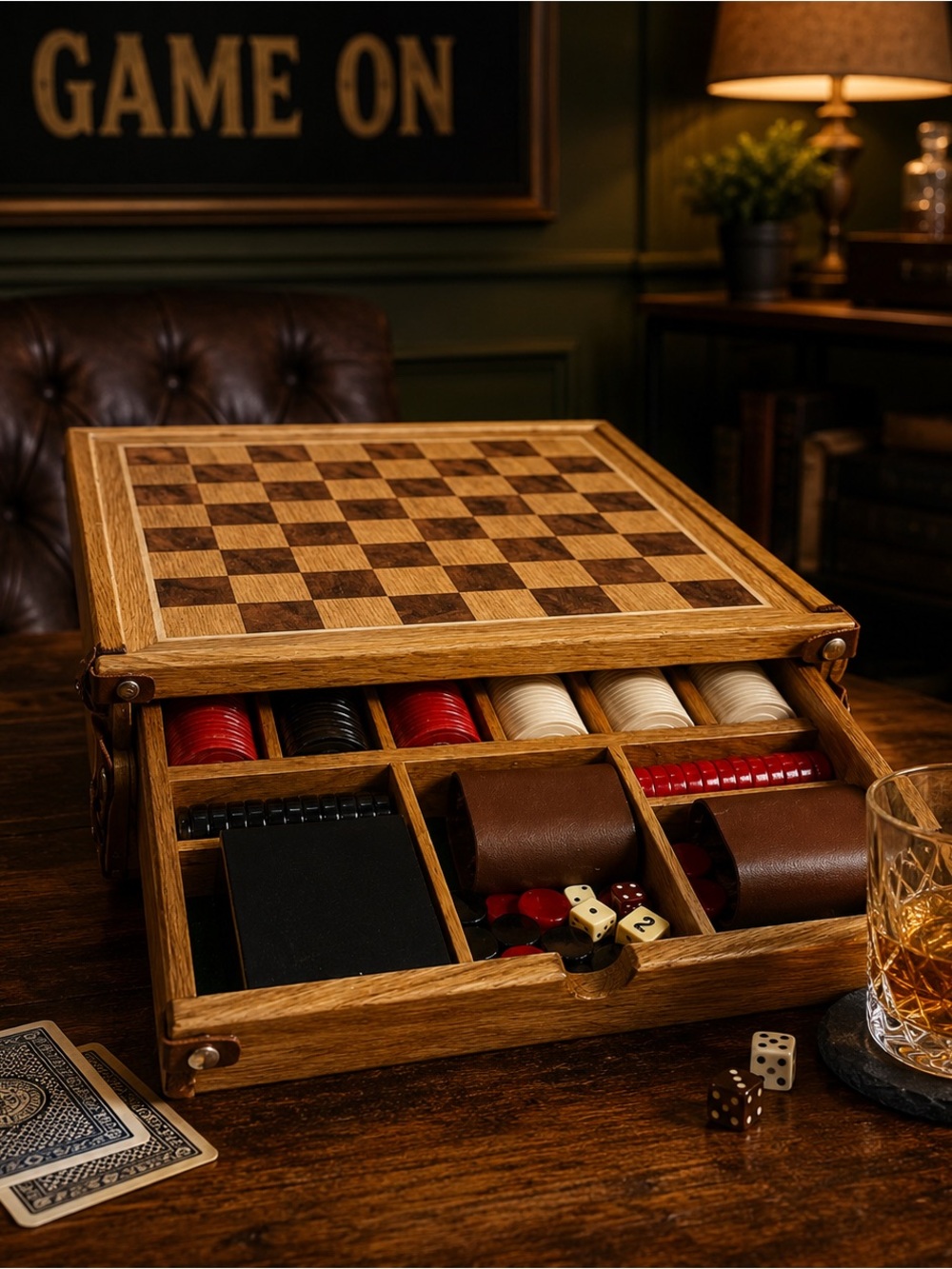 Wooden Multi Game Set Chess Checkers Backgammon Poker Dice Cards Storage Antique